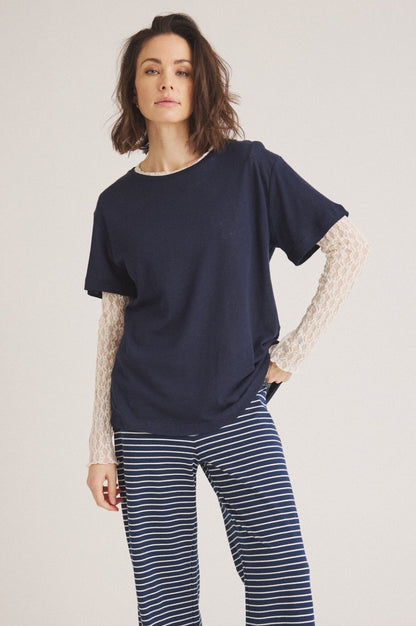LUXZUZ // ONE TWO Essenti Linen T-Shirt T-Shirt 575 Navy Blue